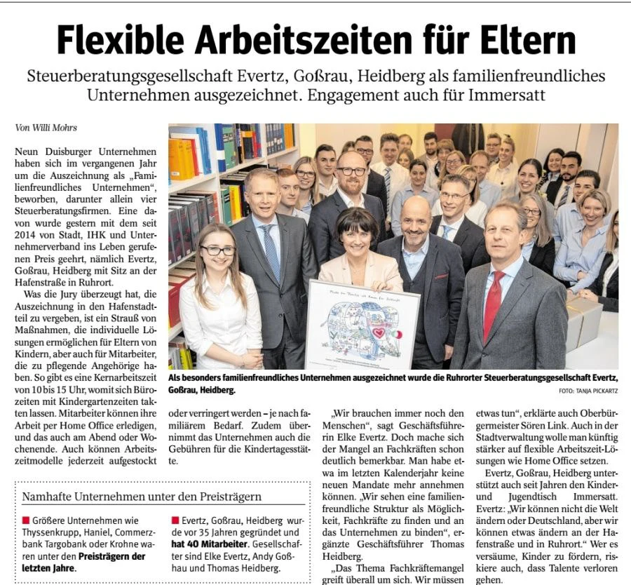 Zeitungsartikel der WAZ über die Auszeichnung der Kanzlei Evertz, Goßrau, Heidberg